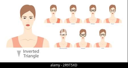 Ensemble de types de lunettes pour femmes triangle inversé type visages mode accessoire illustration. Lunettes de soleil unisexe style silhouette, lunettes de vue à rebord plat, contour de style esquisse de lentille isolé Illustration de Vecteur