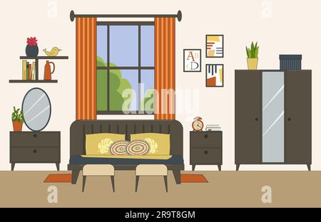 Intérieur du séjour. Mobilier moderne - armoire et lit, table de chevet avec miroir, tableaux et étagères au mur. Illustration vectorielle. Illustration de Vecteur