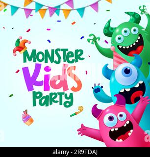 Motif monstre pour la fête des enfants. Carte d'invitation pour fête d'anniversaire avec décoration de personnages monstres colorés et amusants. Illustration vectorielle jolie mascotte Illustration de Vecteur
