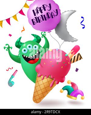 Joyeux anniversaire motif texte vectoriel. Personnage d'anniversaire monstre avec glace à la fraise et ballons volants éléments de décoration. Illustration vectorielle Illustration de Vecteur