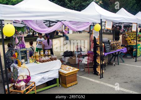 Chirpan, Bulgarie - 16 juin 2023 : marché de la nourriture, du miel et des bougies artisanales au Festival international de la lavande - un événement annuel en Bulgarie Banque D'Images