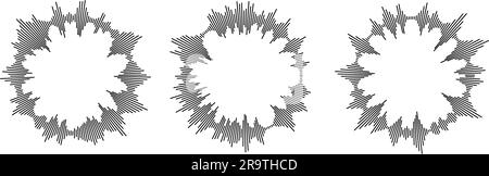 Collection d'ondes sonores radiales. Ensemble de balancier de suspension de musique rond. Pack de cartes audio noires. Symbole ou icône de radio cercle abstrait et de signal vocal pour podcast, application, lecteur. Ensemble d'éléments vectoriels. Illustration de Vecteur