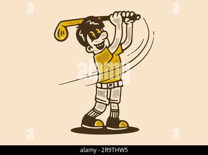 Mascotte dessin de personnage d'un type tenant un bâton de golf, dans le dessin de style vintage Illustration de Vecteur