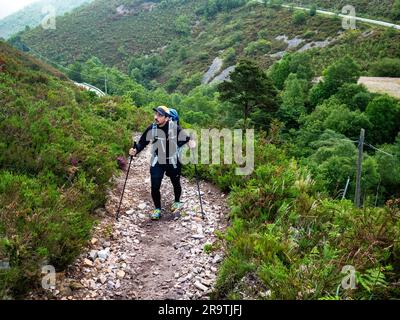 25 mai 2023, près de Puerto del Palo, Espagne: Un homme est vu monter une montée difficile. Le Camino de Santiago (le chemin de Saint James) est un grand réseau d'anciens itinéraires de pèlerin qui s'étendent à travers l'Europe et se rassemblent au tombeau de Saint James (Saint-Jacques en espagnol) à Saint-Jacques-de-Compostelle, dans le nord-ouest de l'Espagne. Le Camino Primitivo est l'itinéraire de pèlerinage original et le plus ancien. Il relie Oviedo à Saint-Jacques-de-Compostelle. Il est caractérisé comme étant l'une des routes difficiles mais aussi pour être l'une des routes jacoïen les plus attrayantes. En 2015, il a été classé au patrimoine mondial par l'UNESCO, al Banque D'Images