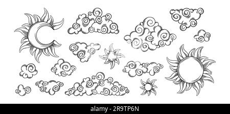 Set ésotérique soleil et lune de Tarot. Éléments de tarot bohémien avec symboles célestes et anciens. Illustration vectorielle isolée sur fond blanc Illustration de Vecteur