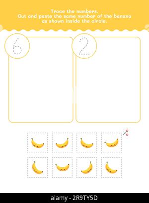 Feuille de calcul de six et deux numéros de comptage et de suivi. Couper et coller une feuille de travail avec des photos. Elément Vector Premium. Illustration de Vecteur