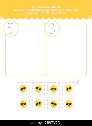 Feuille de calcul des numéros de comptage et de suivi des cinq et trois. Couper et coller une feuille de travail avec des photos. Elément Vector Premium. Illustration de Vecteur