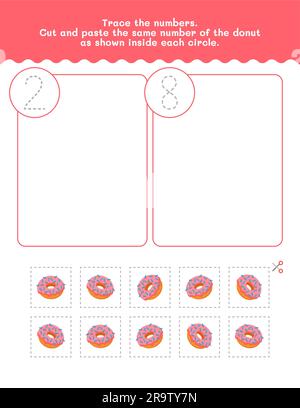 Feuille de calcul de deux et huit numéros de comptage et de suivi. Couper et coller une feuille de travail avec des photos. Elément Vector Premium. Illustration de Vecteur