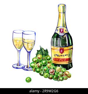 Bouteille de champagne à l'aquarelle, deux verres et raisin vert Banque D'Images