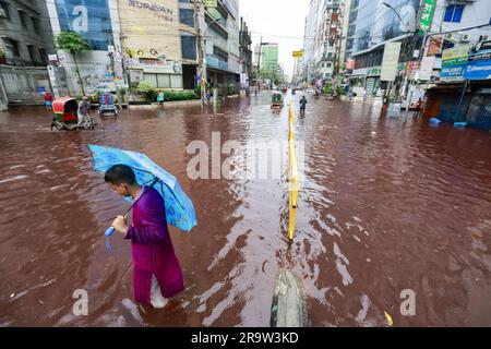 Dhaka, Bangladesh. 29th juin 2023. Les gens se sont emparés d'une route qui a tourné rouge après que le sang des animaux sacrifiés sur Eid Al Adha mélangé avec de l'eau provenant de fortes pluies à Dhaka, au Bangladesh, au 29 juin 2023. (Credit image: © Suvra Kanti Das/ZUMA Press Wire) USAGE ÉDITORIAL SEULEMENT! Non destiné À un usage commercial ! Banque D'Images