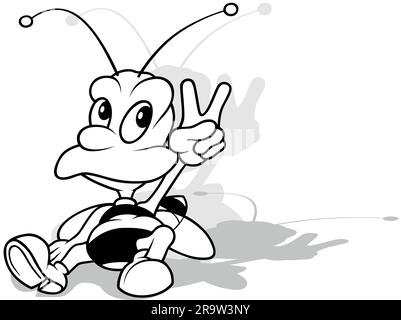 Dessin d'une abeille à rayures en position assise montrant la victoire Illustration de Vecteur