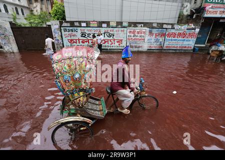 Dhaka, Bangladesh. 29th juin 2023. Les gens se sont emparés d'une route qui a tourné rouge après que le sang des animaux sacrifiés sur Eid Al Adha mélangé avec de l'eau provenant de fortes pluies à Dhaka, au Bangladesh, au 29 juin 2023. (Credit image: © Suvra Kanti Das/ZUMA Press Wire) USAGE ÉDITORIAL SEULEMENT! Non destiné À un usage commercial ! Banque D'Images