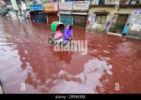Dhaka, Bangladesh. 29th juin 2023. Les gens se sont emparés d'une route qui a tourné rouge après que le sang des animaux sacrifiés sur Eid Al Adha mélangé avec de l'eau provenant de fortes pluies à Dhaka, au Bangladesh, au 29 juin 2023. (Credit image: © Suvra Kanti Das/ZUMA Press Wire) USAGE ÉDITORIAL SEULEMENT! Non destiné À un usage commercial ! Banque D'Images