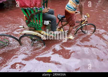 Dhaka, Bangladesh. 29th juin 2023. Les gens se sont emparés d'une route qui a tourné rouge après que le sang des animaux sacrifiés sur Eid Al Adha mélangé avec de l'eau provenant de fortes pluies à Dhaka, au Bangladesh, au 29 juin 2023. (Credit image: © Suvra Kanti Das/ZUMA Press Wire) USAGE ÉDITORIAL SEULEMENT! Non destiné À un usage commercial ! Banque D'Images