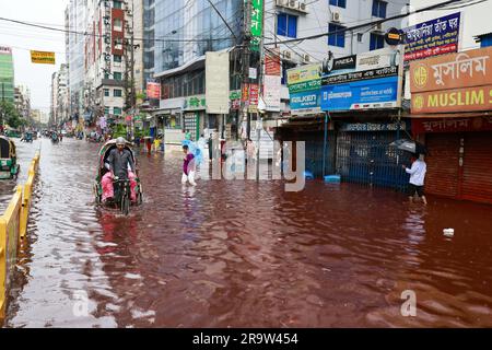 Dhaka, Bangladesh. 29th juin 2023. Les gens se sont emparés d'une route qui a tourné rouge après que le sang des animaux sacrifiés sur Eid Al Adha mélangé avec de l'eau provenant de fortes pluies à Dhaka, au Bangladesh, au 29 juin 2023. (Credit image: © Suvra Kanti Das/ZUMA Press Wire) USAGE ÉDITORIAL SEULEMENT! Non destiné À un usage commercial ! Banque D'Images