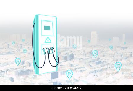 Station de charge de voiture électrique avec paysage urbain et icône de points de charge en arrière-plan. 3d rendu Banque D'Images