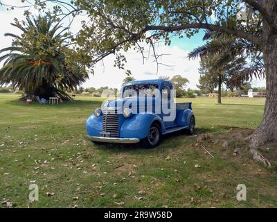 Vieux bâton de voiture de Chevrolet 1940 bleu dans la campagne sous un arbre. Salon automobile classique CAACMACH 2023. CopySpace. Banque D'Images