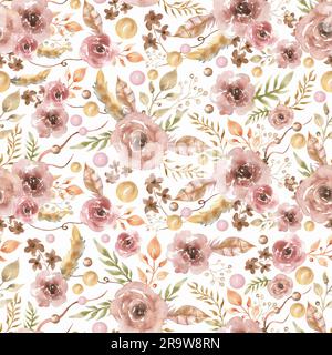 Aquarelle délicate fleur rose fond. Motif moderne sans couture avec feuilles, fleurs, plumes, perles et éléments floraux. Textures dessinées à la main. Tr Banque D'Images