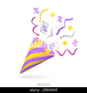 3D Poppers avec Serpentine volante, rubans, étiquettes cadeaux, étoiles, symbole pourcentage. Concept de promotion, remise, vente, cadeau. Illustration du rendu vectoriel, Illustration de Vecteur