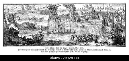 La bataille navale de la Hogue a eu lieu sur 29 mai 1692, pendant la guerre de neuf ans entre l'Angleterre et la France. La flotte anglaise, dirigée par l'amiral Edward Russell, a engagé la flotte française au large de la côte normande, ce qui a finalement donné lieu à une victoire anglaise. La bataille a été une victoire significative pour l'Angleterre, car elle a empêché une invasion française de l'Angleterre et a obtenu la domination anglaise de la Manche. La flotte française a subi de lourdes pertes, y compris la perte de plusieurs navires, tandis que la flotte anglaise a subi des pertes relativement légères. La bataille a marqué la fin des ambitions navales françaises pendant Banque D'Images
