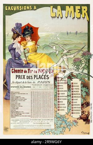 Excursions à la mer. Chemin de fer du Nord. Prix des places au départ de Paris par Gustave Fraipont (1849-1923). Affiche publiée en 1895 en France. Banque D'Images