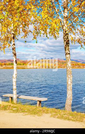 magnifique paysage d'automne avec lac calme. après-midi ensoleillé vue sur la campagne carpatique. magnifique paysage montagneux de transcarpacia, ukraine dans Banque D'Images