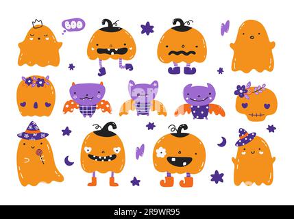 Ensemble de jolis fantômes, citrouilles et chauves-souris amusants. Des personnages de baby-Bboo effrayants pour les enfants. Des esprits effrayants magiques avec des émotions et des expressions du visage Illustration de Vecteur