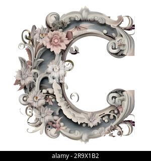 lettre c sur plaque de plâtre avec des fleurs. Lettre majuscule de luxe c décorée de fleurs. Lettre majuscule décorative c avec ornement floral. Rendu 3D. Illustration de Vecteur