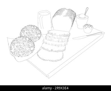 Esquisse des dessins de style petit-déjeuner. Ensemble de petit-déjeuner Vector dessiné à la main. Pichet de lait, cafetière, tasse, jus, sandwich. Crêpes, pain grillé avec confiture pour le design Illustration de Vecteur