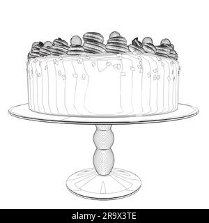 Contour du gâteau. Gâteau d'anniversaire de style dessin contour Line art. Gâteau d'anniversaire traditionnel sur le dessus minimaliste noir dessin linéaire isolé sur blanc b Illustration de Vecteur