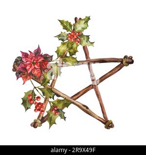 Étoile en bois aquarelle avec plante de noël, poinsettia et baies et feuilles de houx. Maison dessinée à la main décoration en bois isolée sur fond blanc Banque D'Images