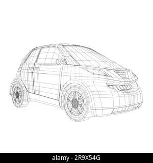 Illustration vectorielle d'une petite voiture filaire. Modèle de voiture urbaine. Modèle de voiture compacte vierge pour la marque ou la publicité. Voiture de livraison de nourriture. 3D. Illustration de Vecteur