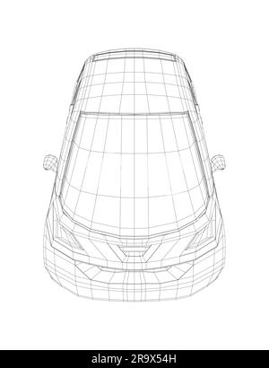 Illustration vectorielle d'une petite voiture filaire. Modèle de voiture urbaine. Modèle de voiture compacte vierge pour la marque ou la publicité. Voiture de livraison de nourriture. 3D. Illustration de Vecteur