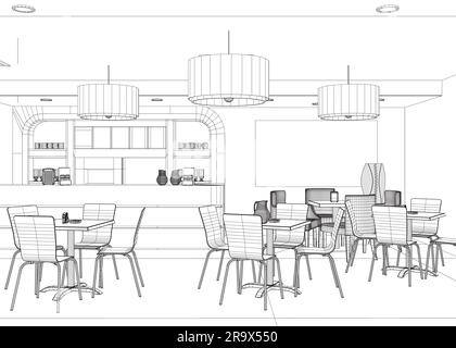 Restaurant moderne. Intérieur meublé de style restaurant ou bistro de luxe dessiné à la main avec des lignes sur fond blanc. Dessin rugueux de moderne ca Illustration de Vecteur