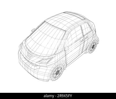 Illustration vectorielle d'une petite voiture filaire. Modèle de voiture urbaine. Modèle de voiture compacte vierge pour la marque ou la publicité. Voiture de livraison de nourriture. 3D. Illustration de Vecteur