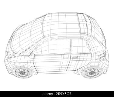 Illustration vectorielle d'une petite voiture filaire. Modèle de voiture urbaine. Modèle de voiture compacte vierge pour la marque ou la publicité. Voiture de livraison de nourriture. 3D. Illustration de Vecteur