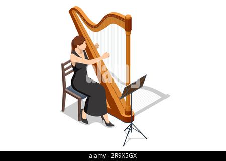 Harpe isométrique, instrument de musique à cordes pour des spectacles festifs, de concert et de festival. La femme joue la harpe Illustration de Vecteur