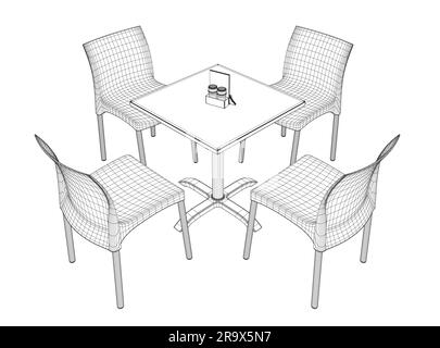 Table ronde moderne en filaire avec chaises. Illustration vectorielle. Dessin d'art vectoriel dessiné à la main d'une table à manger avec chaises. 3D. Illustration de Vecteur