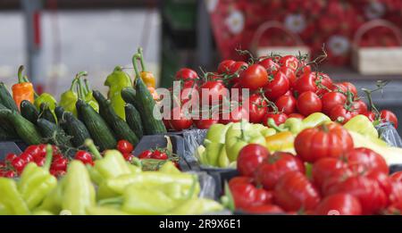 Légumes frais en récipients en plastique sur le marché agricole de Prague, République tchèque Banque D'Images