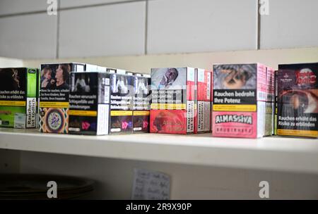 Sindelfingen, Allemagne. 29th juin 2023. Les paquets de tabac pour les tuyaux d'eau de nargua se tiennent dans un bar de nargua. Les bars de shisha dominent de plus en plus le paysage urbain dans de nombreuses villes. Mais le marché du narguilé souffre de trop de règles et de bureaucratie, critiquant les jeunes libéraux du Bade-Wurtemberg. (À dpa "les jeunes libéraux critiquent la bureaucratie pour les barres de nargua") Credit: Bernd Weißbrod/dpa/Alamy Live News Banque D'Images