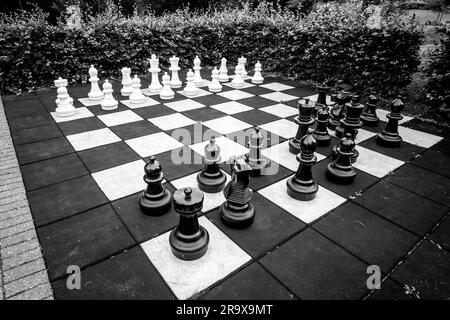 Jeu d'échecs avec de gros morceaux dans une version d'extérieur du jeu classique en noir et blanc Banque D'Images