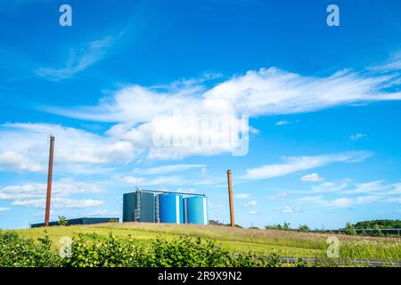 Usine Industrielle avec de grands silos en couleurs bleu et deux hautes cheminées sur un champ dans l'été Banque D'Images