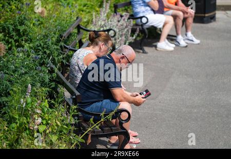 Couple d'âge moyen assis sur un banc à l'extérieur en été regardant et utilisant des téléphones mobiles / téléphones cellulaires en Angleterre, Royaume-Uni. Banque D'Images