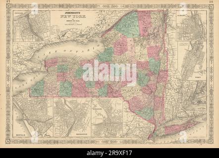 Carte de l'État de New York de Johnson. Albany Troy Rochester Buffalo Syracuse 1866 Banque D'Images