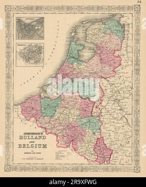 Johnson, Hollande et Belgique. Benelux. Amsterdam et Bruxelles. Luxembourg 1866 carte Banque D'Images