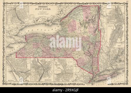 Carte de l'État de New York de Johnson. Albany Troy Rochester Buffalo Syracuse 1861 Banque D'Images