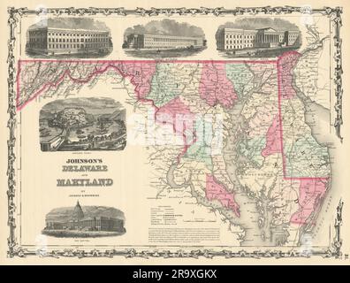 Johnson's Delaware & Maryland. District de Columbia. Comtés 1861 ancienne carte Banque D'Images