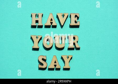 Avez votre mot à dire, des mots en lettres de l'alphabet de bois isolées sur le fond Banque D'Images