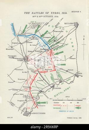 Battle of Ypres, 24th et 25th octobre 1914. Première Guerre mondiale. 1925 ancienne carte Banque D'Images