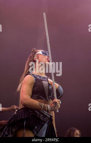 Roskilde, Danemark. 29th juin 2023. Le rappeur américain Latto donne un concert en direct pendant le festival de musique danois Roskilde Festival 2023 à Roskilde. (Crédit photo : Gonzales photo/Alamy Live News Banque D'Images